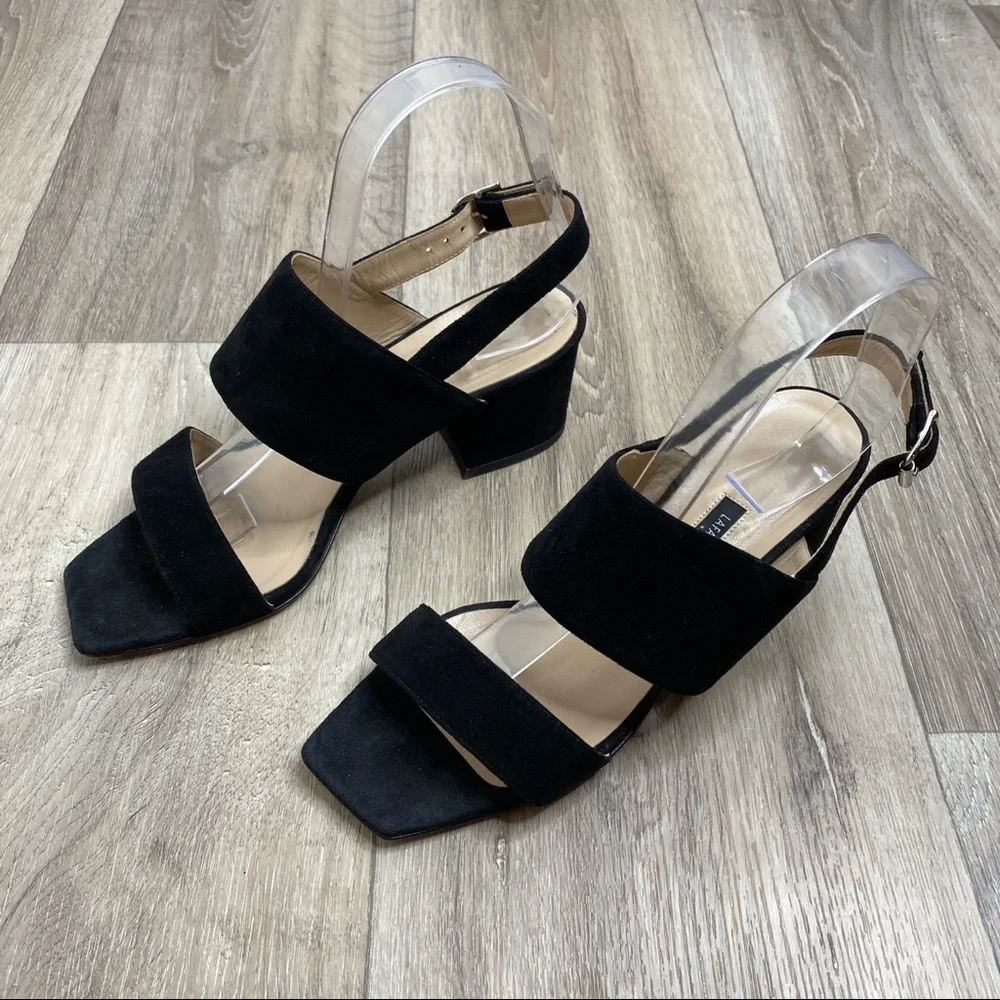 Lafayette 148 New York Black Suede Strappy Block Heel Sandals